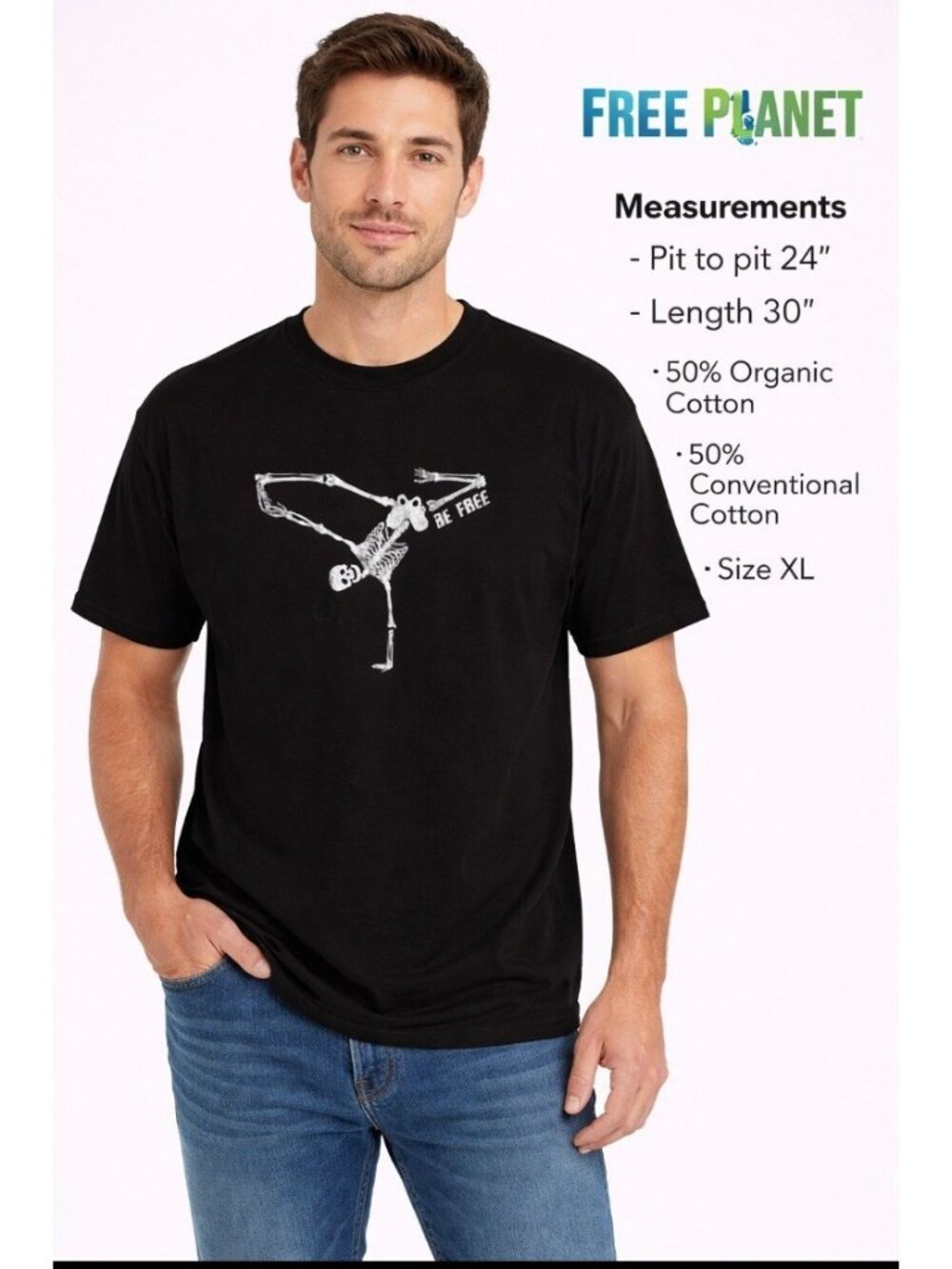 Free Planet Men’s T Shirt Sz XL Skeleton Be Free Soft Organic Cotton  Black New